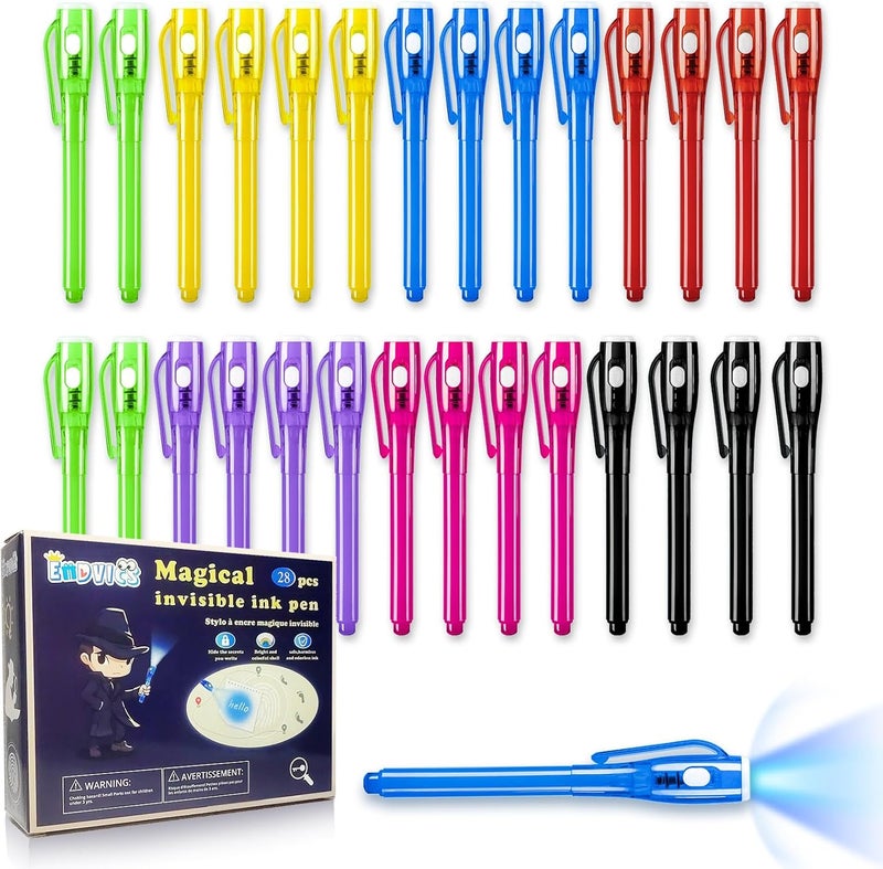 EODVICS Invisible Ink Pens, 28 PCS Upgraded Spy Invisible Ink Pen with UV Light Magic Marker for Secret Message Escape Room and Kids Christmas Goodies Bags Toy, Spy Pen Party Favors for Kids 8-12 - Image 1